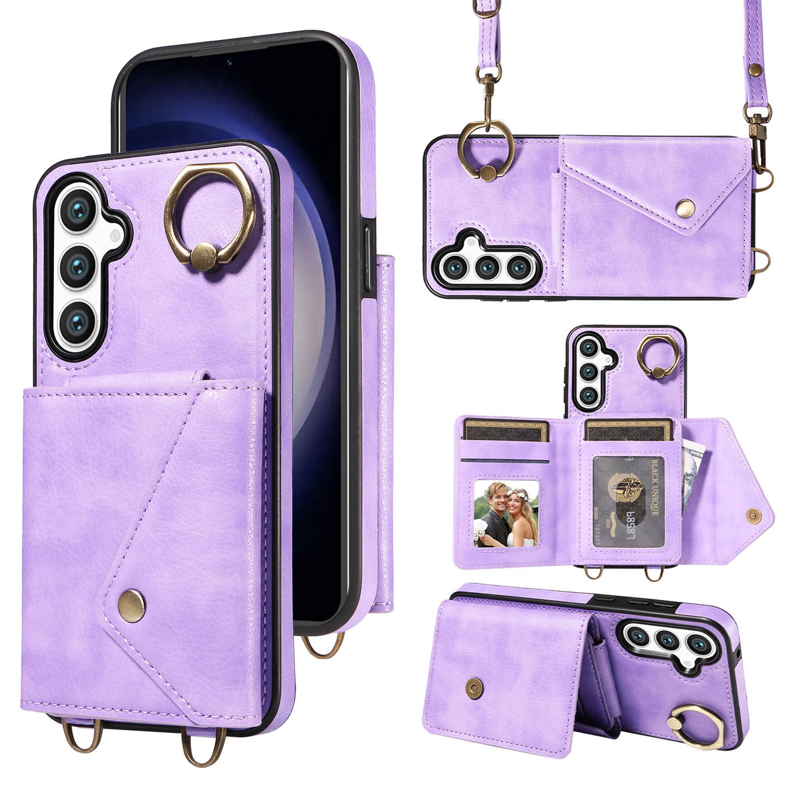 002 Cellphone Cover for Samsung Galaxy S23 FE Ring Kickstand Litchi Texture Leather TPU Card Bag Phone Case with Shoulder Strap 002 Cellphone Cover for Samsung Galaxy S23 FE Ring Kickstand Litchi Texture Leather TPU Card Bag Phone Case with Shoulder Strap